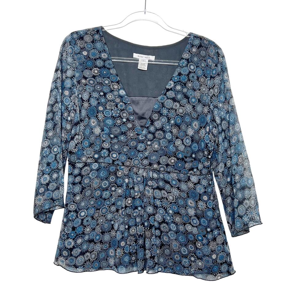 NINE WEST Floral Blouse 3/4 Sleeve V-Neck 100% Silk Chiffon Blue Black Size 10